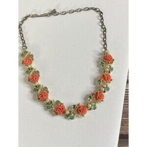 Vintage Celluloid Pink Lucite Rose Flower Gold Choker Coquette Necklace Pearls